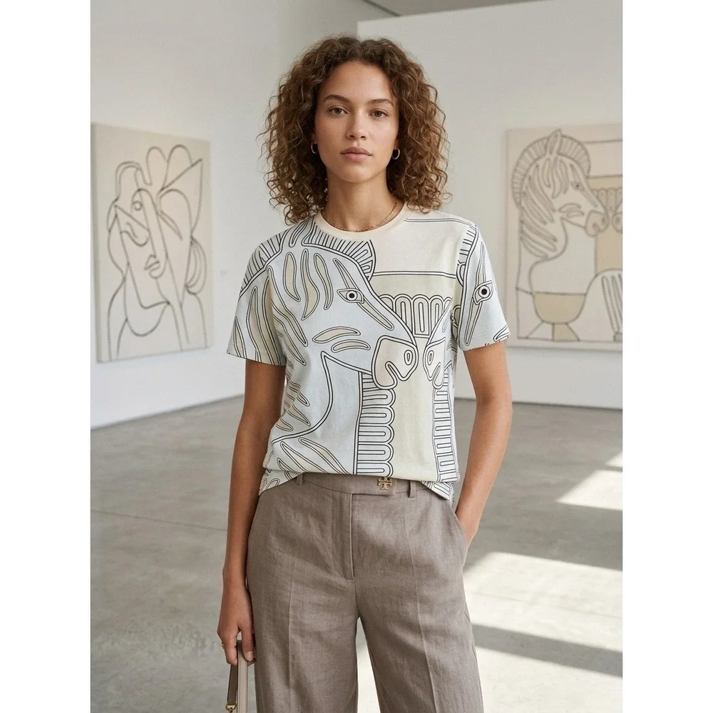 Tory Burch Women Shirt Zebra Column Graphic Print T-Shirt Cream Blue Portugal XS